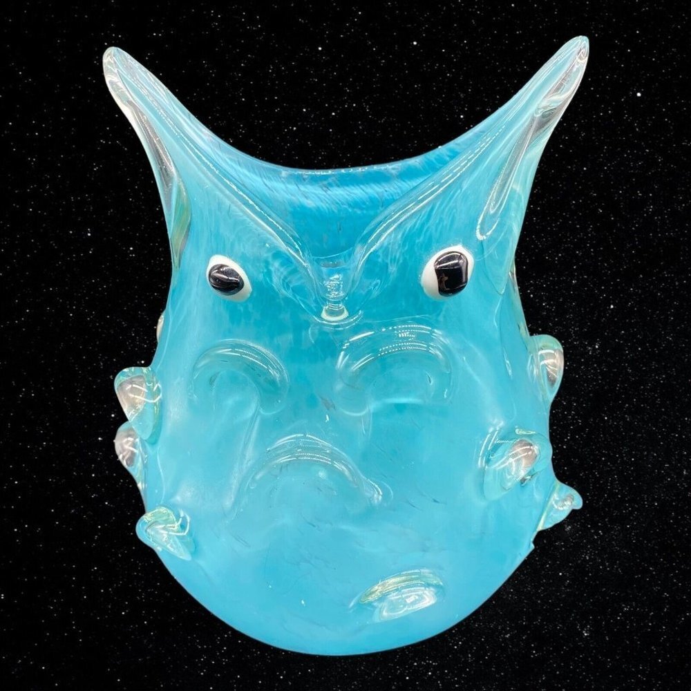 Art Glass Hand Blown Mottledโ Blue Owl Applied Eyes Vase 7โT 5โW